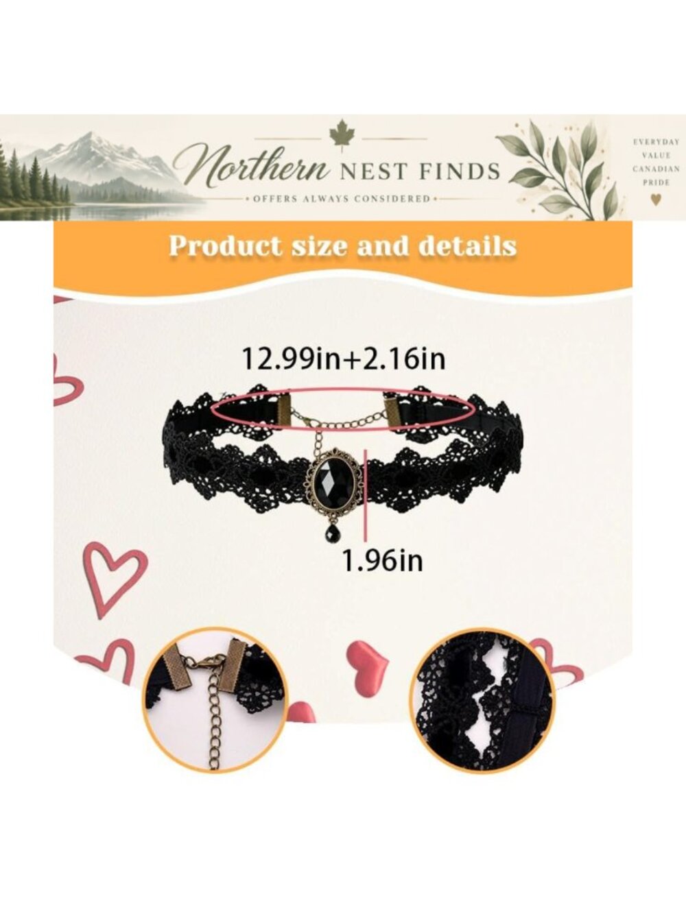 Gothic Lace Choker Necklace with Oval Black Rhinestone, Adjustable Lobster Clasp - Picture 2 of 6